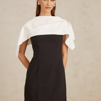 Brenna Black A-Line Dress with Cape Detail and Lapels