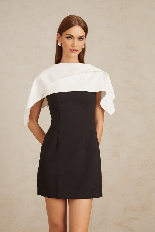 Brenna Black A-Line Dress with Cape Detail and Lapels