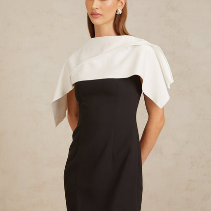 Brenna Black A-Line Dress with Lapels and Cape Detail