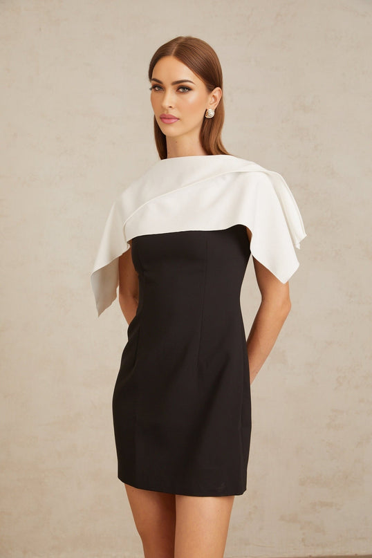 Brenna Black A-Line Dress with Lapels and Cape Detail