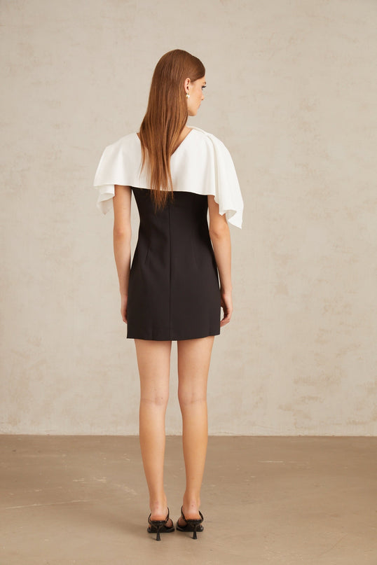 Brenna Black A-Line Mini Dress with Cape Detail