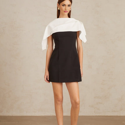 Brenna Black A-Line Mini Dress with Cape Detail in Terylene Spandex Blend