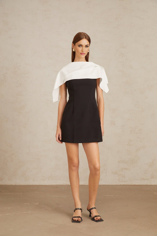 Brenna Black A-Line Mini Dress with Cape Detail in Terylene Spandex Blend