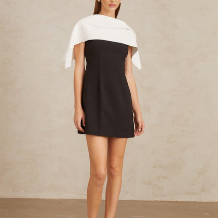 Brenna Black A-Line Mini Dress with Cape Detail and Color-Blocked Design