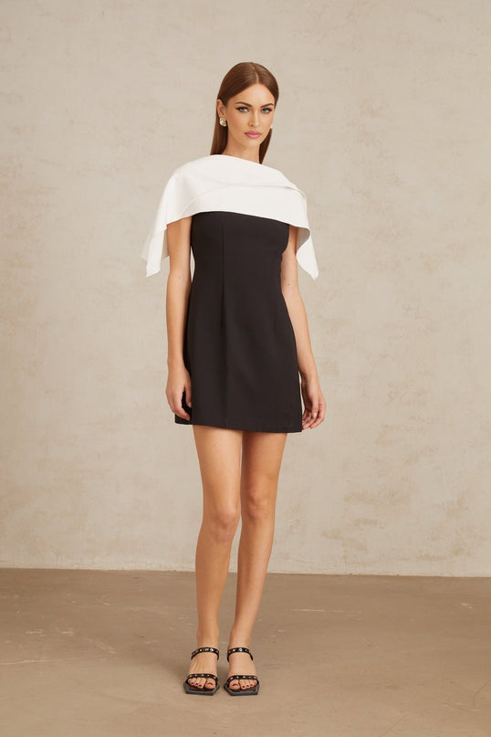 Brenna Black A-Line Mini Dress with Cape Detail and Color-Blocked Design
