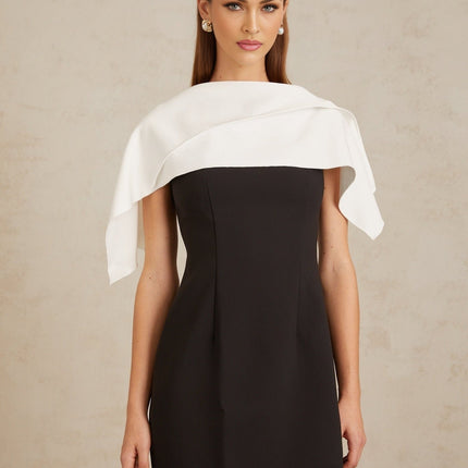 Brenna Black A-Line Mini Dress with Lapels and Cape Detail in Terylene Spandex Blend