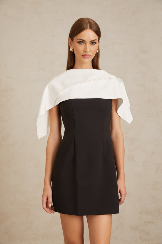 Brenna Black A-Line Mini Dress with Lapels and Cape Detail in Terylene Spandex Blend