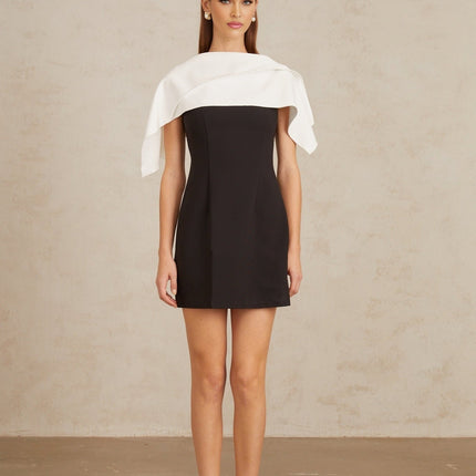 Brenna Black Mini Dress with Lapels and Cape Detail in Terylene and Spandex Blend