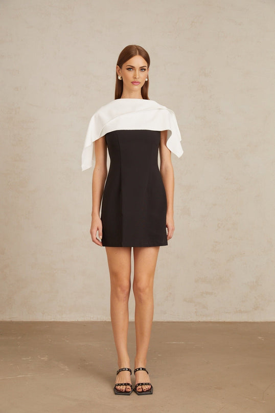 Brenna Black Mini Dress with Lapels and Cape Detail in Terylene and Spandex Blend