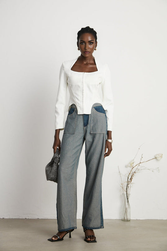 Brenna Blue Wide Leg Panelled Denim Jeans