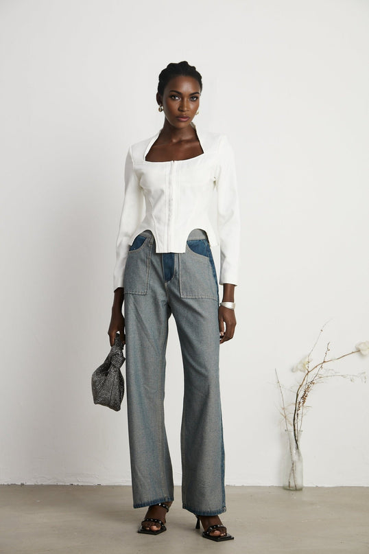Brenna Blue Wide Leg Panelled Denim Jeans