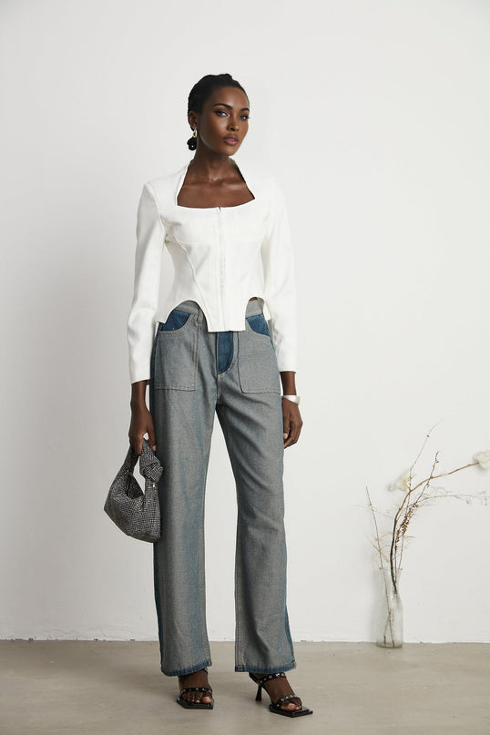 Brenna Blue Wide Leg Panelled Denim Jeans