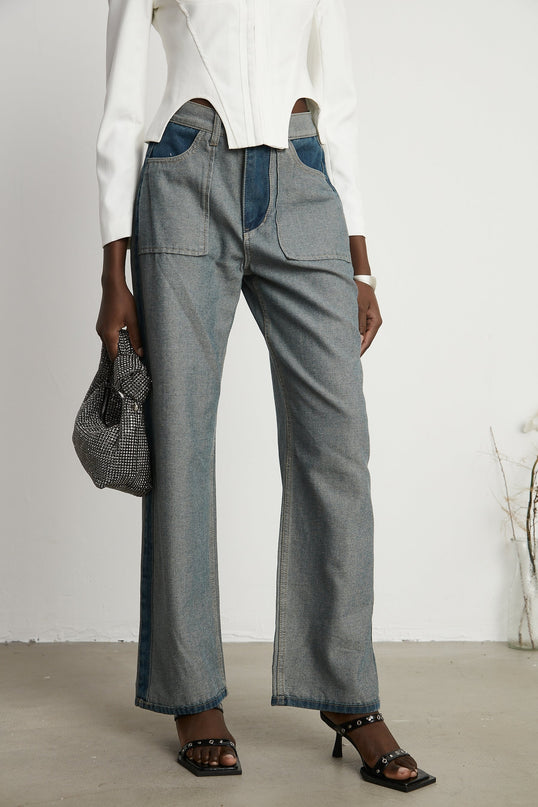 Brenna Blue Wide Leg Panelled Denim Jeans
