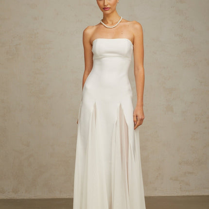 Brenna White Maxi Dress Pleated Cinched Waist Tulle Paneling Godet Design Off-the-Shoulder Sleeveless Luxury Elegant