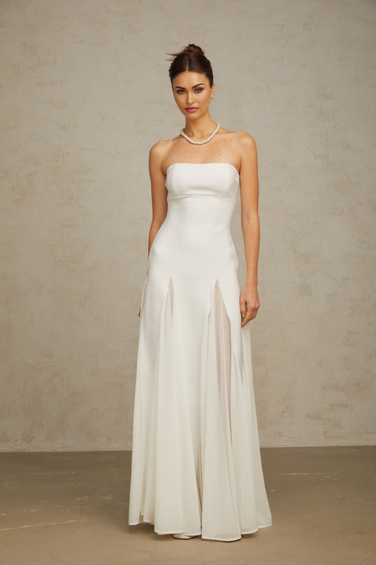 Brenna White Maxi Dress Pleated Cinched Waist Tulle Paneling Godet Design Off-the-Shoulder Sleeveless Luxury Elegant