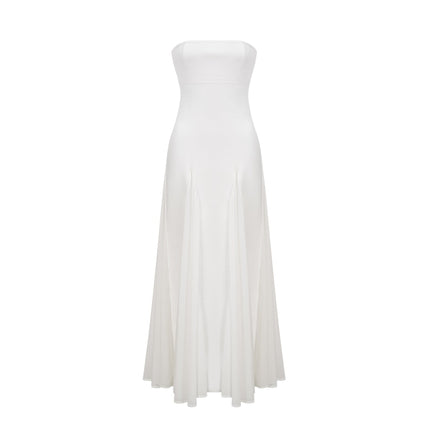 Brenna White Maxi Dress Tulle Paneling Godet Design Pleated Cinched Waist Off-the-Shoulder Style Rear Zip Fastening Sleeveless Luxury Rayon Nylon Spandex