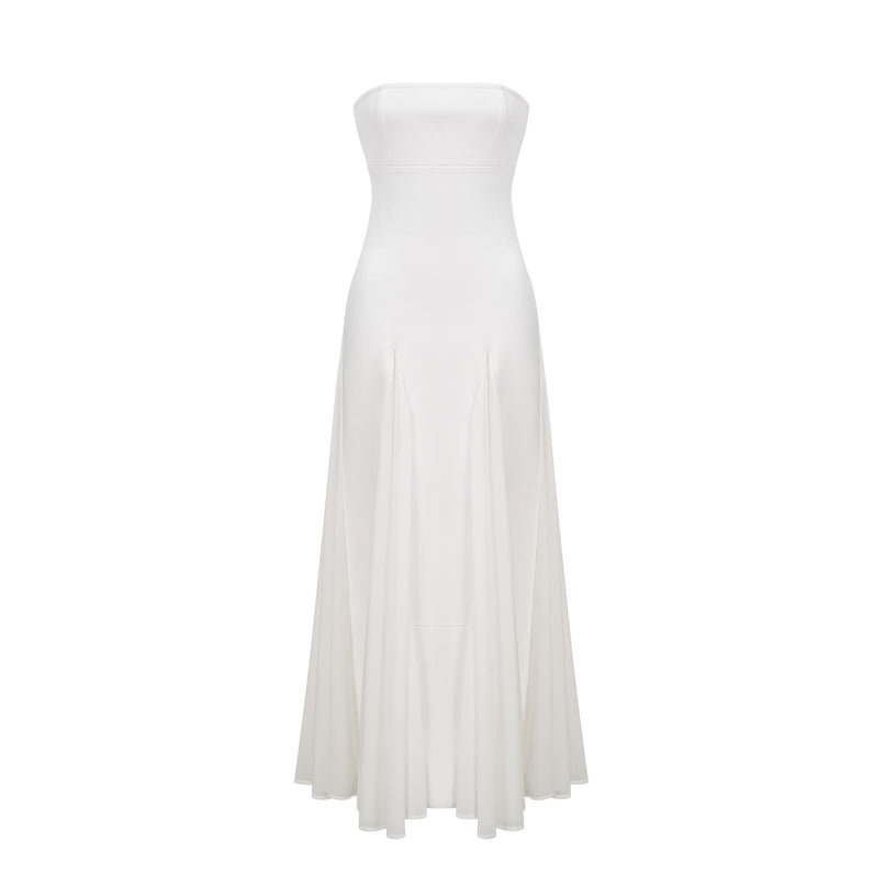Brenna White Maxi Dress Tulle Paneling Godet Design Pleated Cinched Waist Off-the-Shoulder Style Rear Zip Fastening Sleeveless Luxury Rayon Nylon Spandex