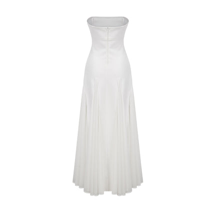 Brenna White Maxi Dress Tulle Paneling Godet Design Pleated Detailing Cinched Waist Off-Shoulder Style Rear Zip Fastening Sleeveless Luxury Rayon Nylon Spandex