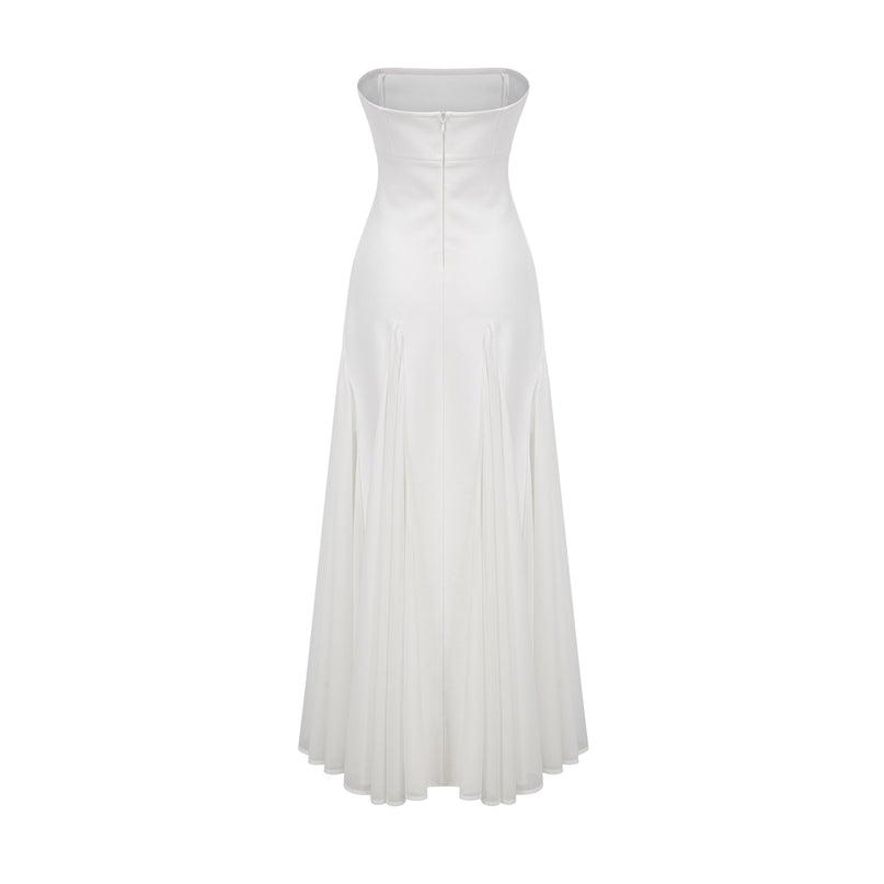 Brenna White Maxi Dress Tulle Paneling Godet Design Pleated Detailing Cinched Waist Off-Shoulder Style Rear Zip Fastening Sleeveless Luxury Rayon Nylon Spandex