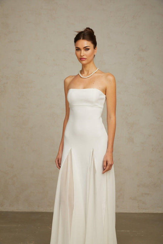 Brenna White Maxi Dress Tulle Paneling Godet Design Pleated Detailing Cinched Waist Off-The-Shoulder Style Rear Zip Fastening Sleeveless Luxury Rayon Nylon Spandex
