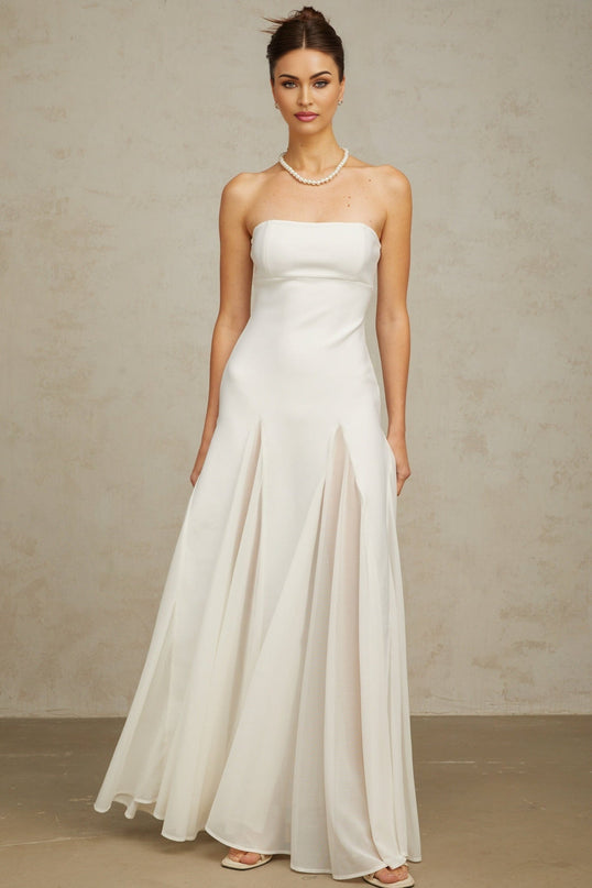 Brenna White Maxi Dress Pleated Cinched Waist Off Shoulder Godet Design