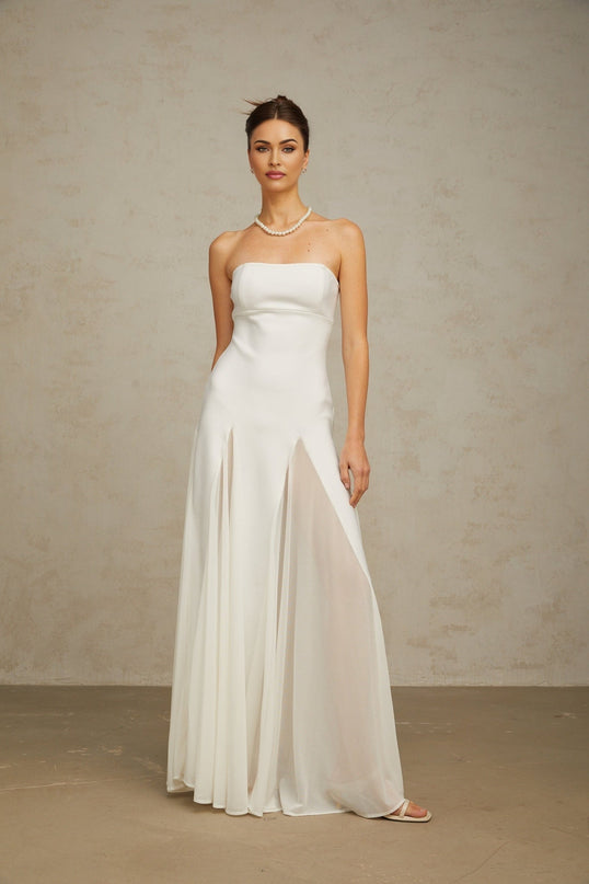 Brenna White Maxi Dress with Tulle Paneling and Godet Design
