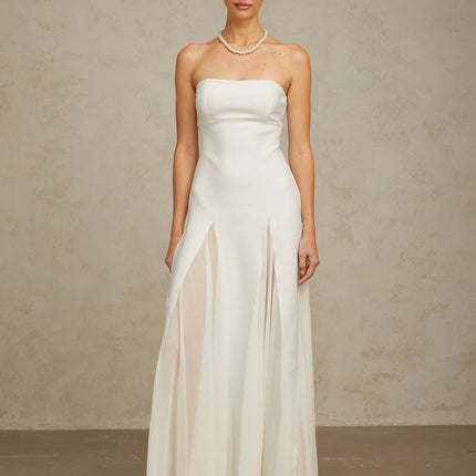 Brenna White Maxi Dress with Tulle Paneling and Godet Design