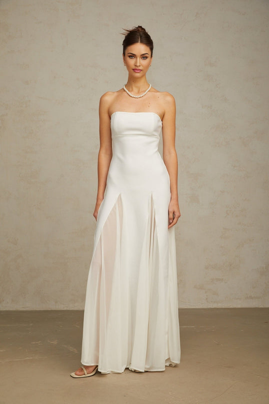 Brenna White Maxi Dress with Tulle Paneling and Godet Design