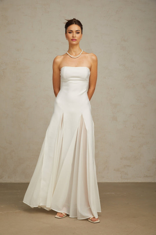 Brenna White Maxi Dress Tulle Paneling Godet Design Pleated Detailing Cinched Waist Off-the-Shoulder Style Rear Zip Fastening Sleeveless Luxury Blend of Rayon Nylon Spandex