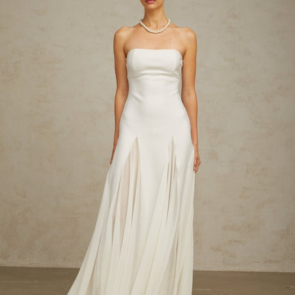 Brenna White Maxi Dress with Tulle Paneling and Godet Design