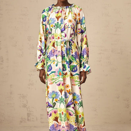 Brenna White Paisley Midi Dress with Flared Cuffs