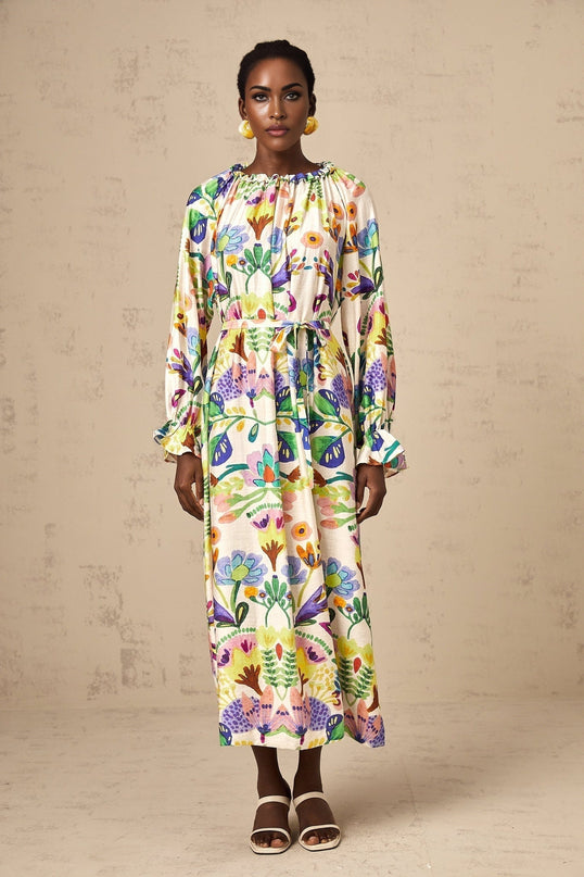 Brenna White Paisley Midi Dress with Flared Cuffs