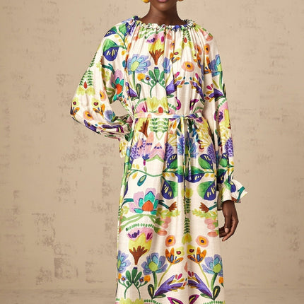 Brenna White Paisley Pleated Midi Dress