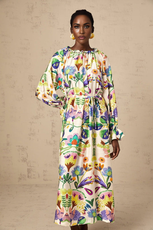 Brenna White Paisley Pleated Midi Dress