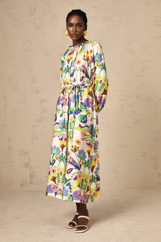 Brenna White Paisley Poplin Midi Dress with Flared Cuffs