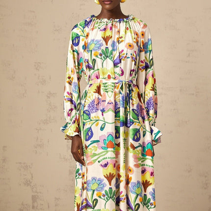 Brenna White Paisley Poplin Midi Dress with Flared Cuffs and Rear Tie Fastening
