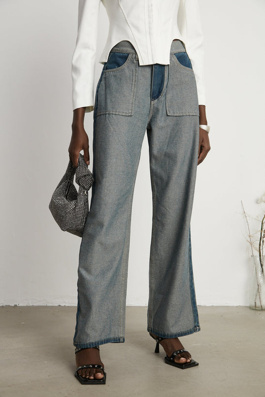 Brenna Wide Leg Panelled Denim Blue Jeans