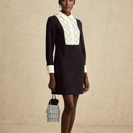 Brianna Black Crystal Embellished Mini Dress with Pointed Collar and Long Sleeves
