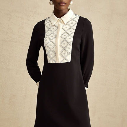 Brianna Black Crystal Embellished Mini Dress with Pointed Collar and Long Sleeves