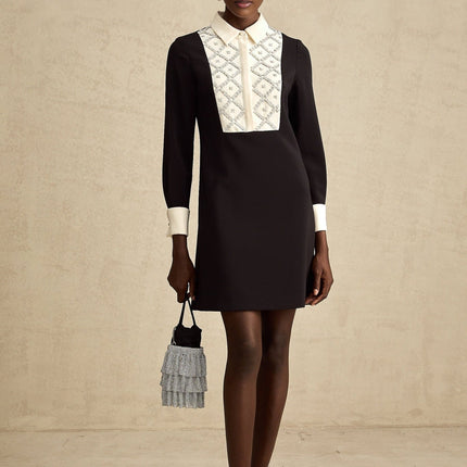 Brianna Black Crystal Embellished Mini Dress with Pointed Collar and Long Sleeves