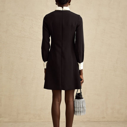 Brianna Black Crystal Embellished Mini Dress with Pointed Collar and Long Sleeves