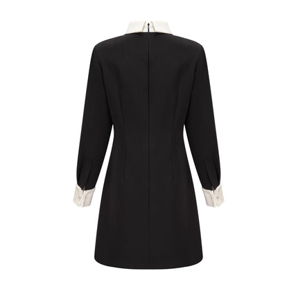 Brianna Black Crystal Embellished Mini Dress with Pointed Collar and Long Sleeves