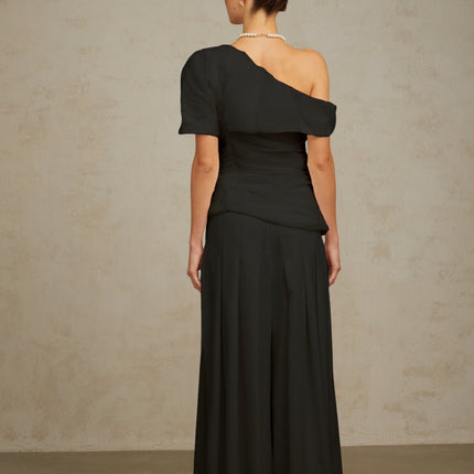 Brianna Black One Shoulder Top and Culotte Trousers Matching Set