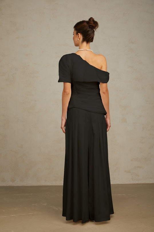 Brianna Black One Shoulder Top and Culotte Trousers Matching Set