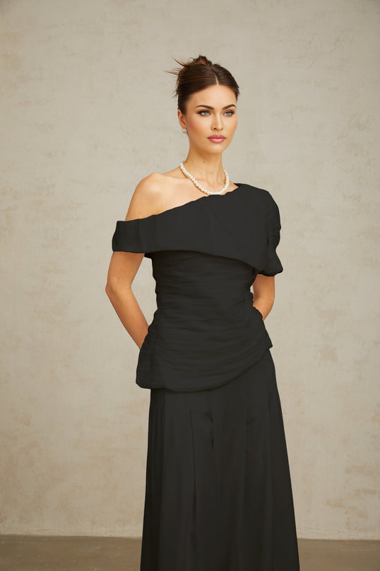 Brianna Black One Shoulder Matching Set Top and Trousers