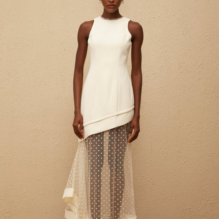 Brianna Maxi Dress Cream White Polka Dot Tulle Paneling Cinched Waist Asymmetrical Design 100% Terylene Fiber Round Neck Rear Zip Fastening Luxurious Silhouette Elegant Sophisticated Glamour