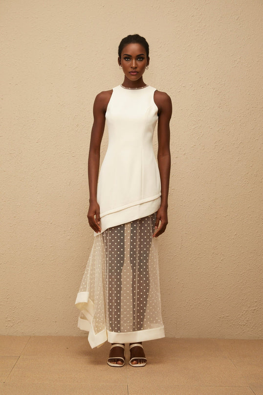 Brianna Maxi Dress Cream White Polka Dot Tulle Paneling Cinched Waist Asymmetrical Design 100% Terylene Fiber Round Neck Rear Zip Fastening Luxurious Silhouette Elegant Sophisticated Glamour