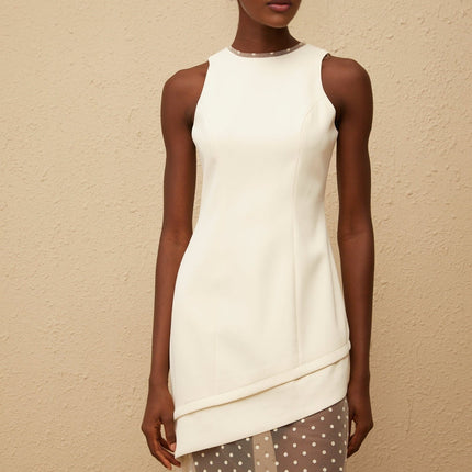 Brianna Maxi Dress Cream White Polka Dot Tulle Paneling Cinched Waist Asymmetrical Design 100% Terylene Fiber Round Neck Rear Zip Fastening Luxurious Silhouette Elegant Sophisticated Glamour Modern Fashion Connoisseur