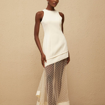 Brianna Maxi Dress in Cream White Polka Dot Tulle Paneling Cinched Waist Asymmetrical Design 100% Terylene Fiber Round Neck Rear Zip Fastening Luxurious Silhouette Elegant Sophisticated Glamour