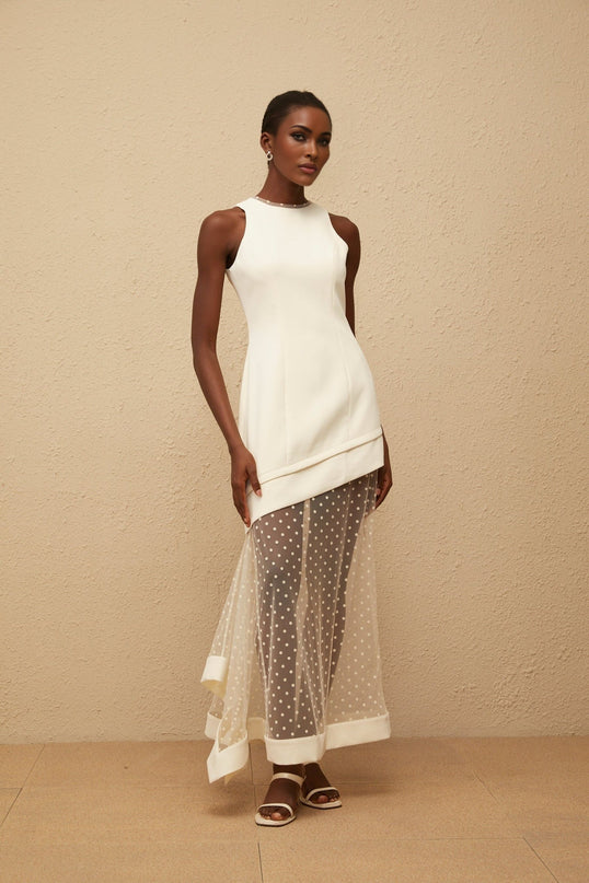 Brianna Maxi Dress in Cream White Polka Dot Tulle Paneling Cinched Waist Asymmetrical Design 100% Terylene Fiber Round Neck Rear Zip Fastening Luxurious Silhouette Elegant Sophisticated Glamour